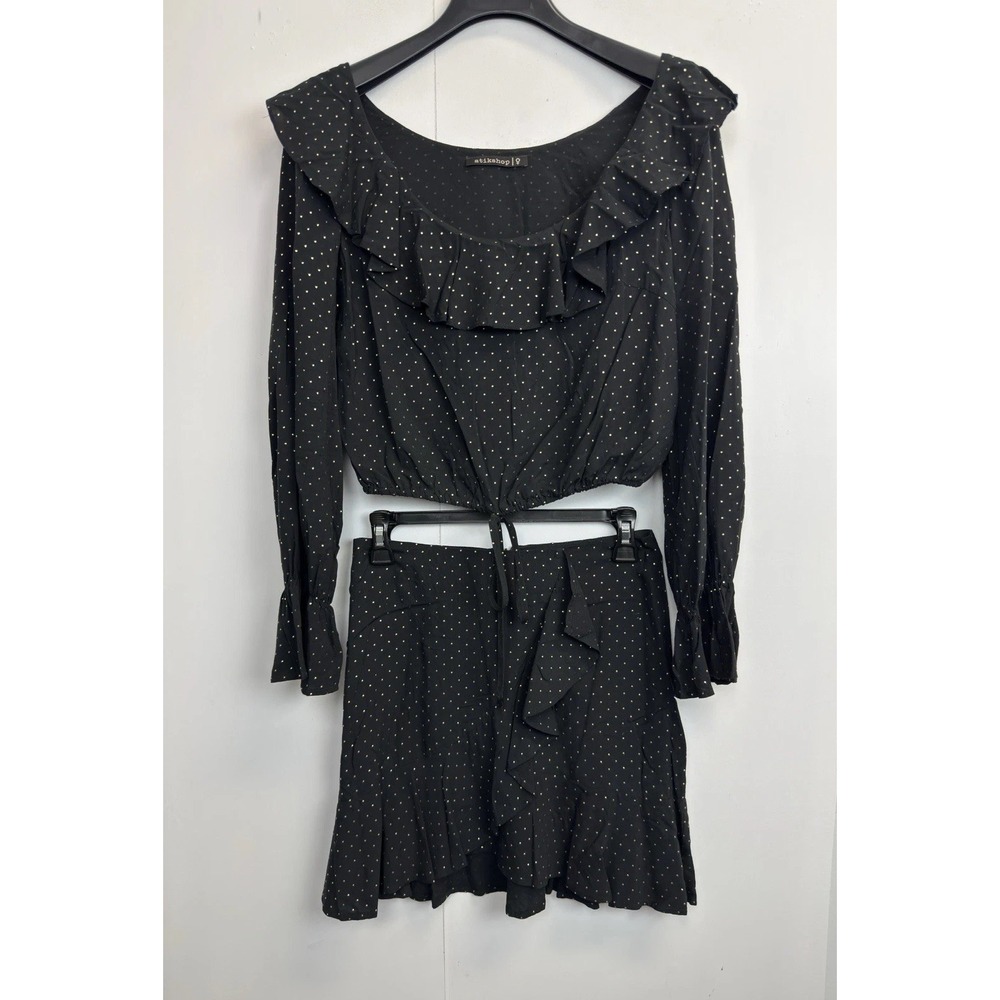 Atikshop Size Small Black Polka Dot Crop‎ Top And Skirt Set Ruffle Bohemian Boho